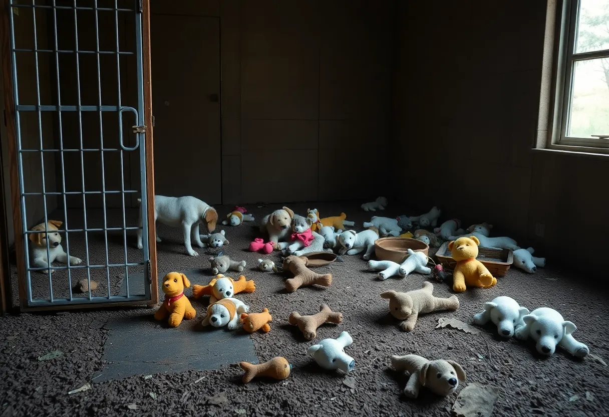 An empty dog kennel with scattered toys, symbolizing lost pets and animal neglect