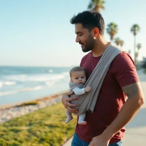 Father walking with his baby in a sling on a sunny morning