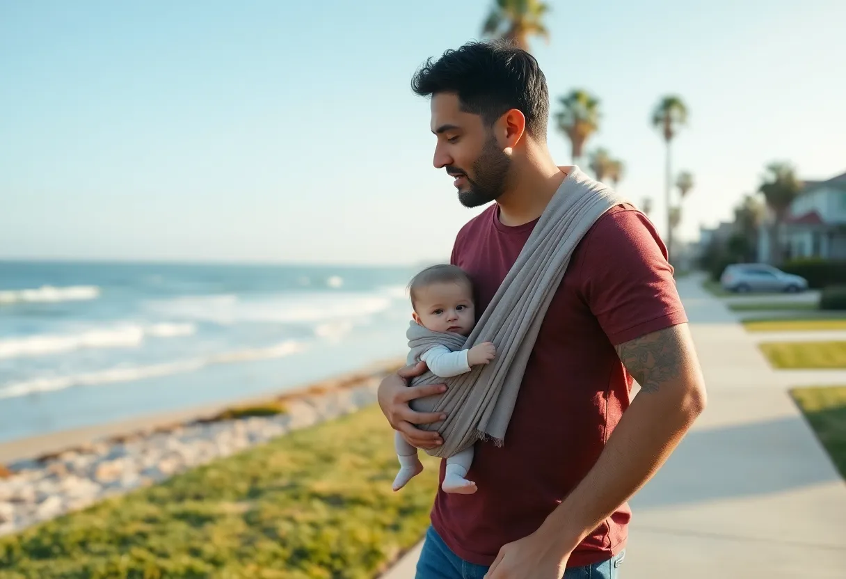 Father walking with his baby in a sling on a sunny morning