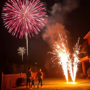 A colorful firework show above a park gathering with families celebrating safely.