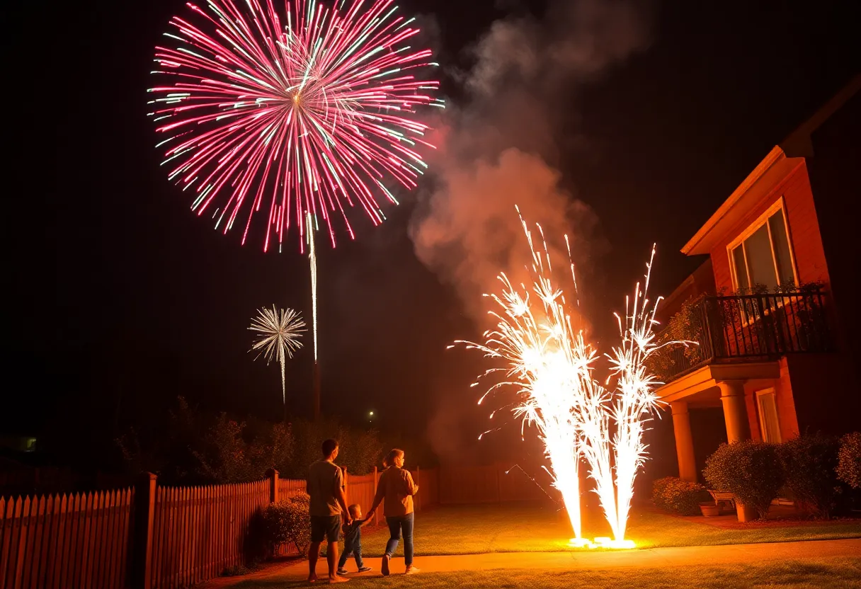 A colorful firework show above a park gathering with families celebrating safely.