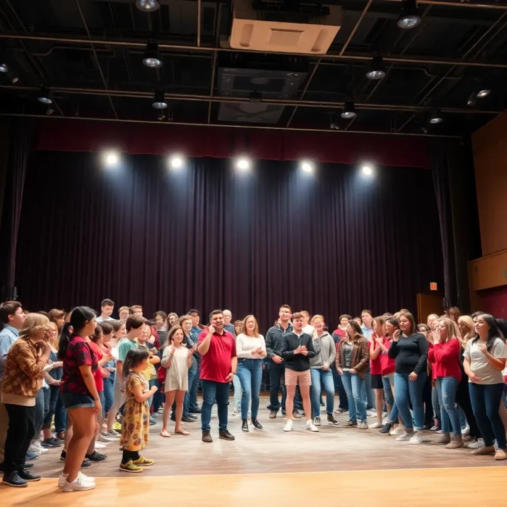 Students rehearsing in Fountain Valley High School's theatre stage