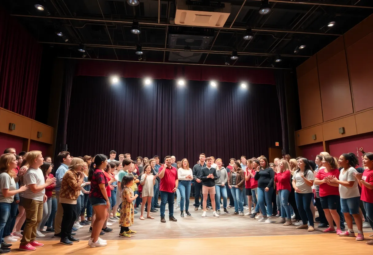 Students rehearsing in Fountain Valley High School's theatre stage