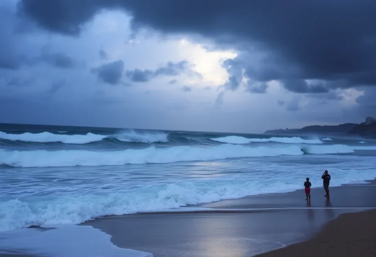 High surf crashing on the beach with stormy clouds in the background