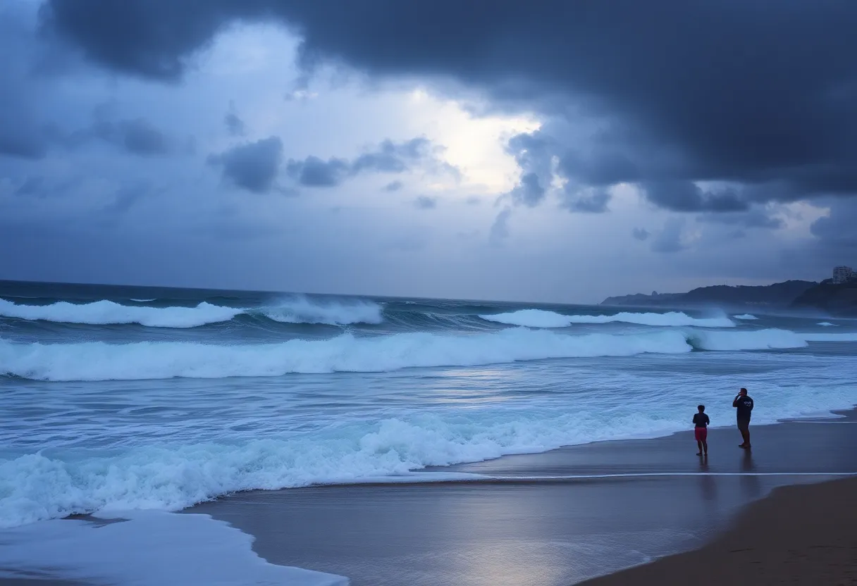 High surf crashing on the beach with stormy clouds in the background