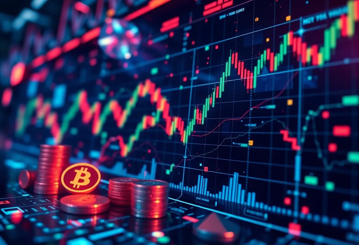 Illustration of cryptocurrency trading with digital coins and charts.