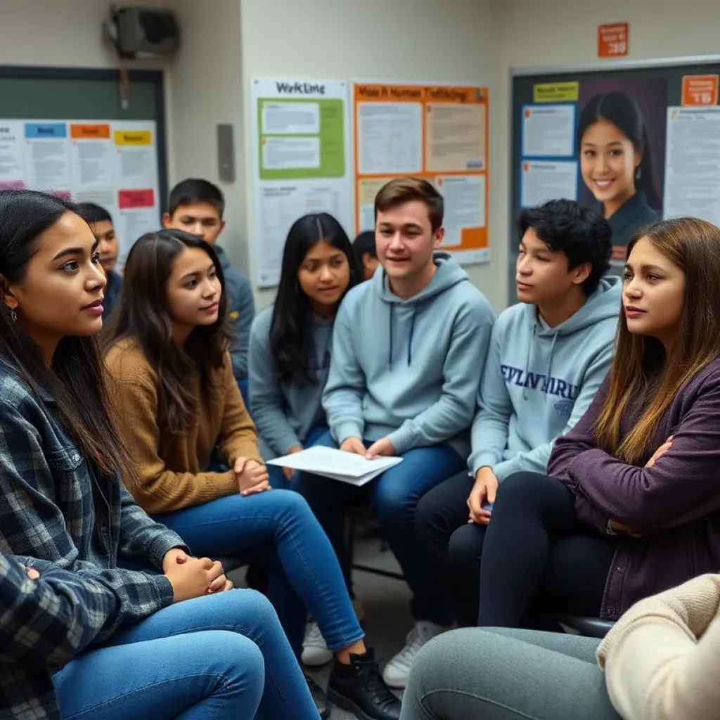 High school students participating in a human trafficking awareness seminar