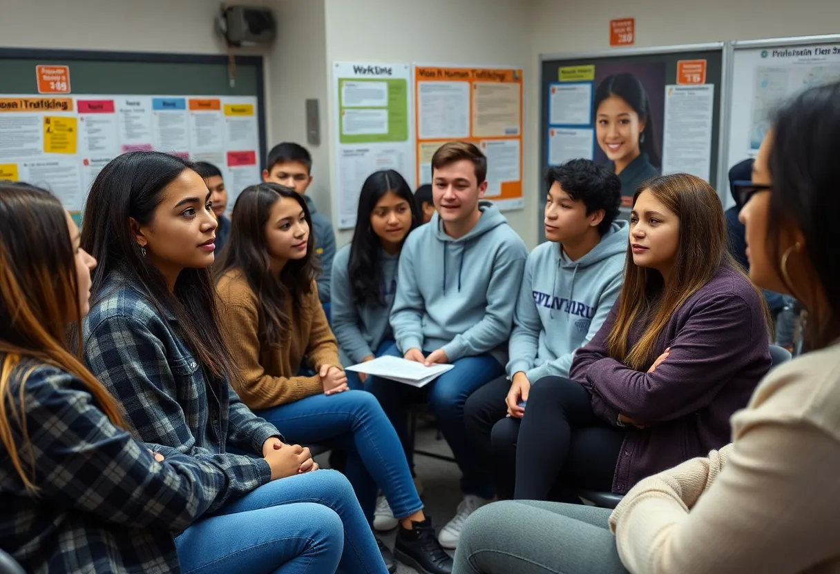 High school students participating in a human trafficking awareness seminar