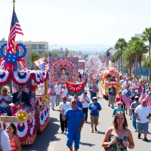A lively scene from the Huntington Beach 4th of July Parade with floats and crowds.