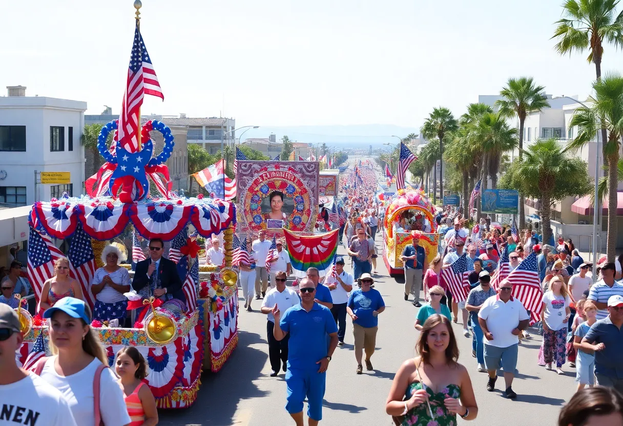 A lively scene from the Huntington Beach 4th of July Parade with floats and crowds.
