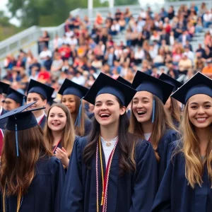 Graduation ceremony at Huntington Beach High School with graduates in caps and gowns.