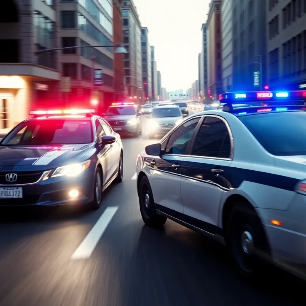 Police car in pursuit during a high-speed chase in Huntington Beach