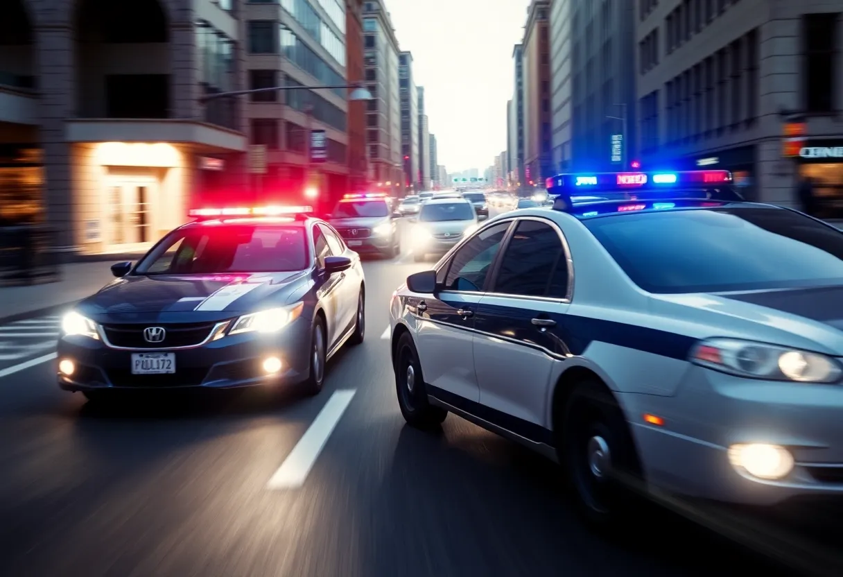 Police car in pursuit during a high-speed chase in Huntington Beach
