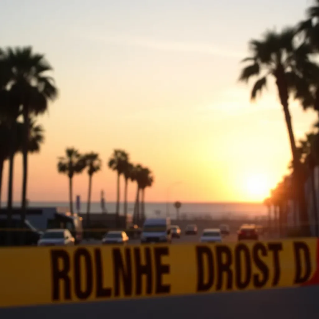 Police tape at a crime scene in Huntington Beach