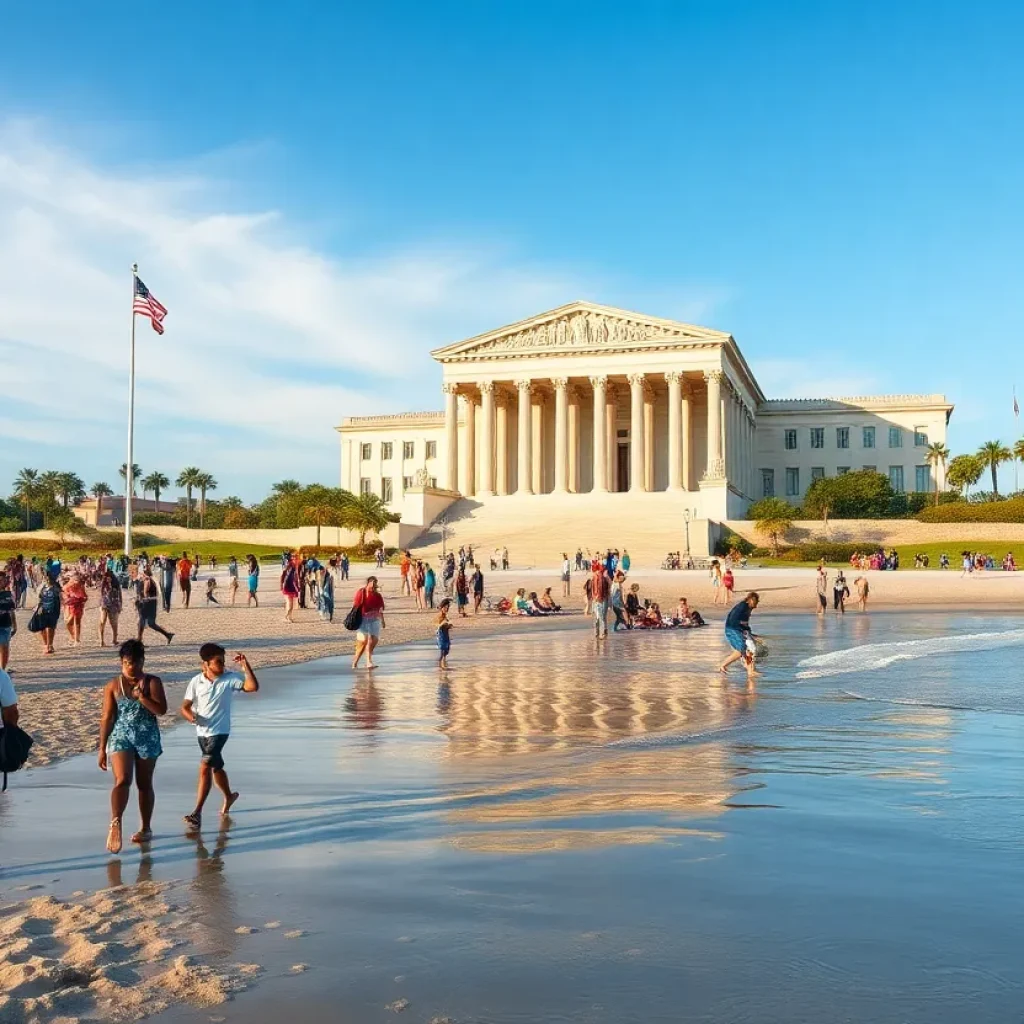 Huntington Beach scene with courthouse in background representing immigration law controversy