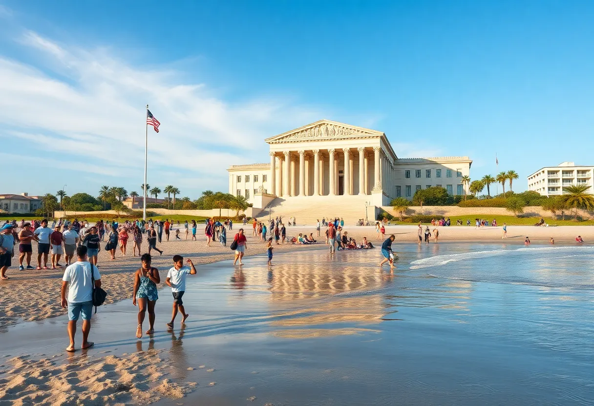 Huntington Beach scene with courthouse in background representing immigration law controversy