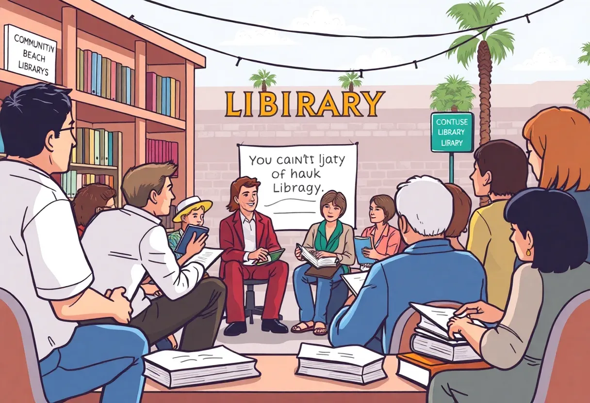 Community members discussing library initiatives in Huntington Beach