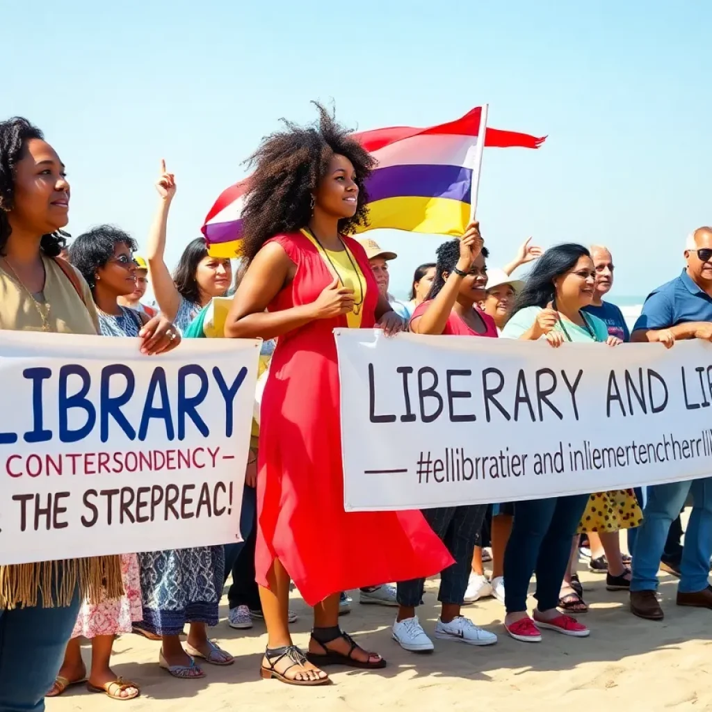 Community members celebrating library independence in Huntington Beach