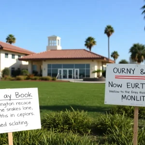 Signs around Huntington Beach expressing opposing views on library book restrictions