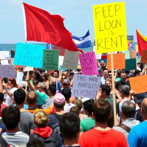Crowds at Huntington Beach holding protest signs
