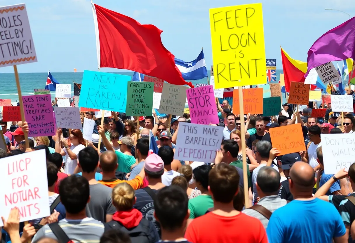Crowds at Huntington Beach holding protest signs
