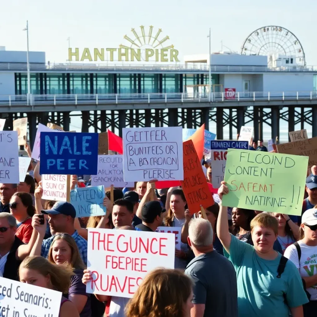 Protesters gather at Huntington Beach Pier voicing dissent.