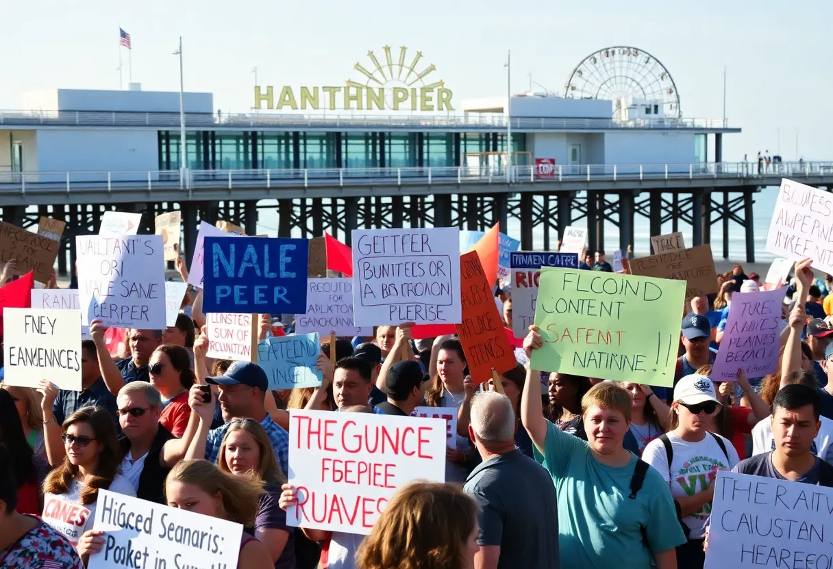 Protesters gather at Huntington Beach Pier voicing dissent.
