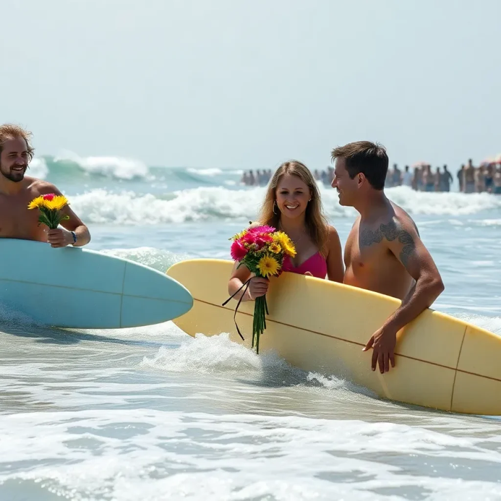 Surfers celebrating Brian Wilson's tribute at Huntington Beach