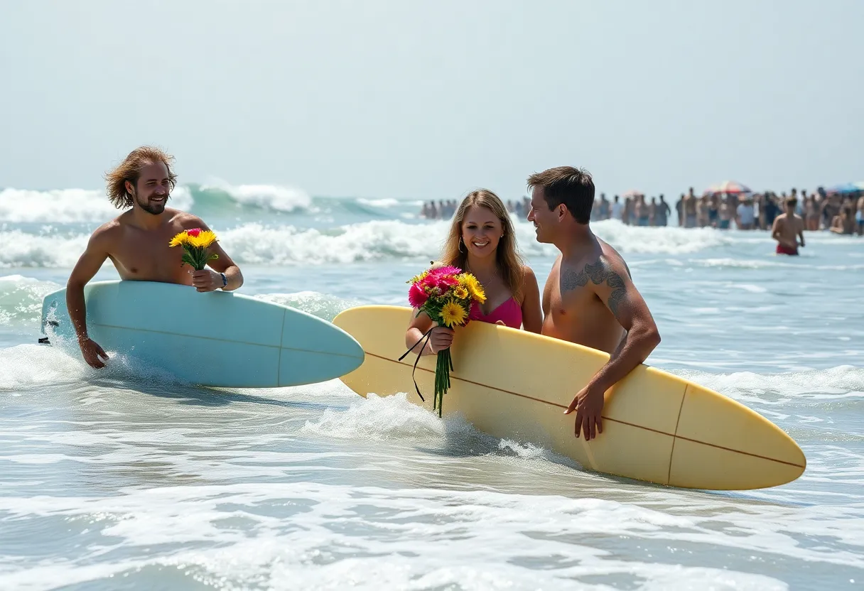 Surfers celebrating Brian Wilson's tribute at Huntington Beach