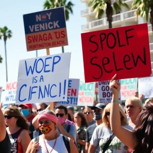 Protesters at Huntington Beach rally holding political signs
