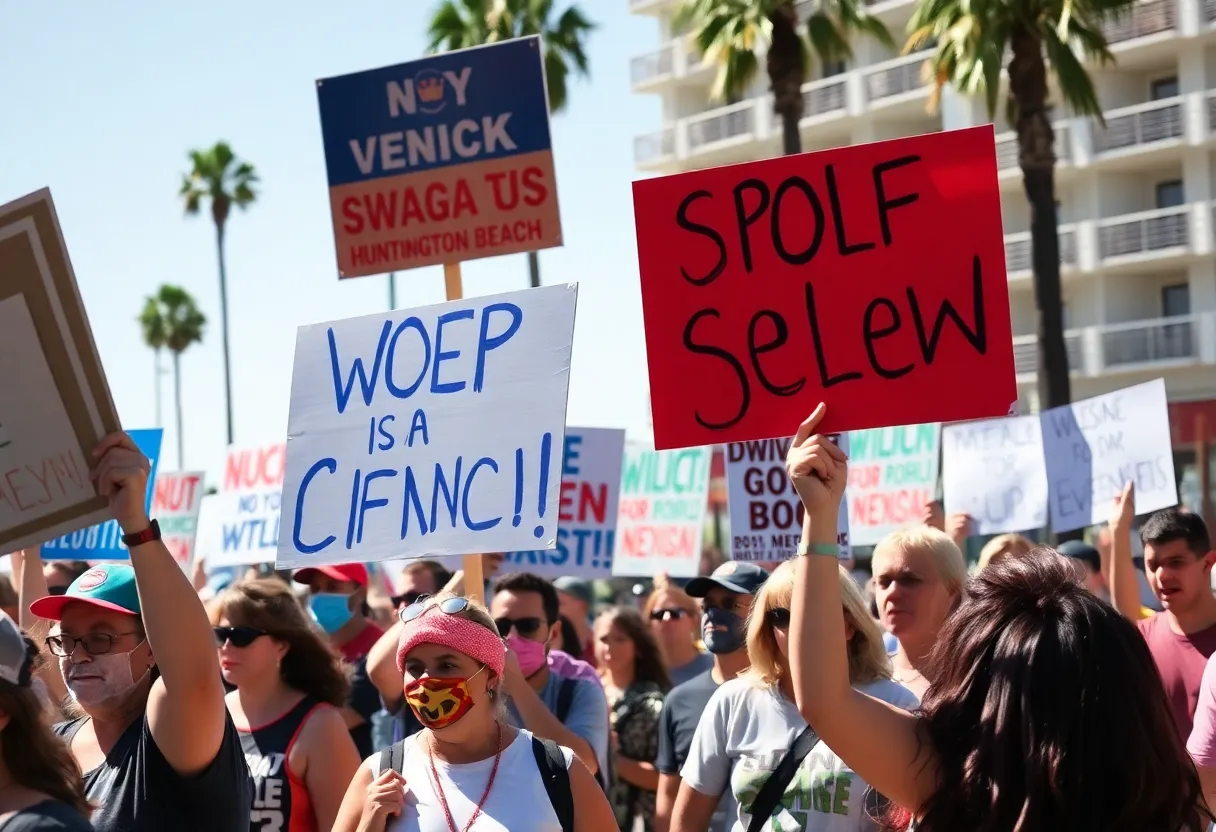 Protesters at Huntington Beach rally holding political signs