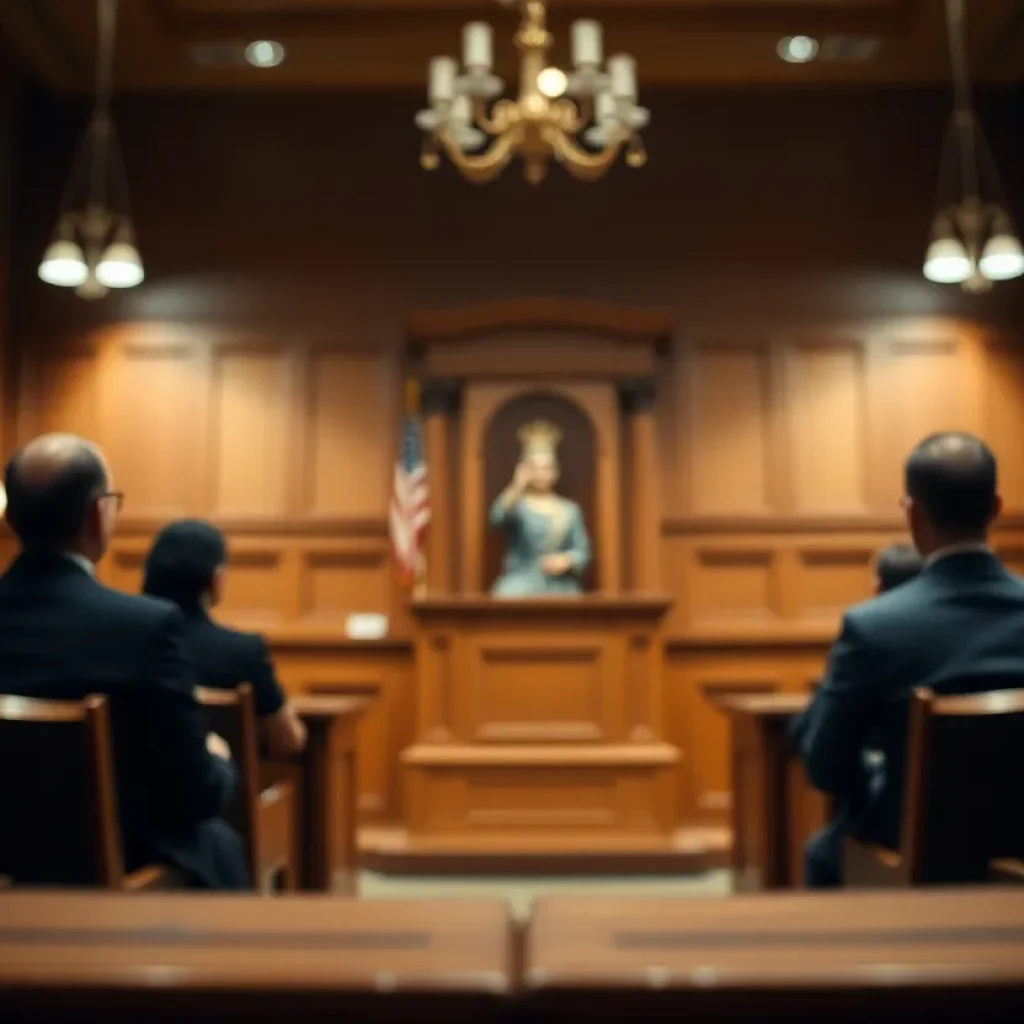 Blurry courtroom with symbolic representation of justice