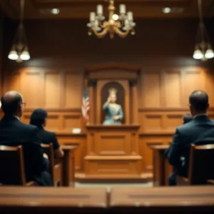 Blurry courtroom with symbolic representation of justice