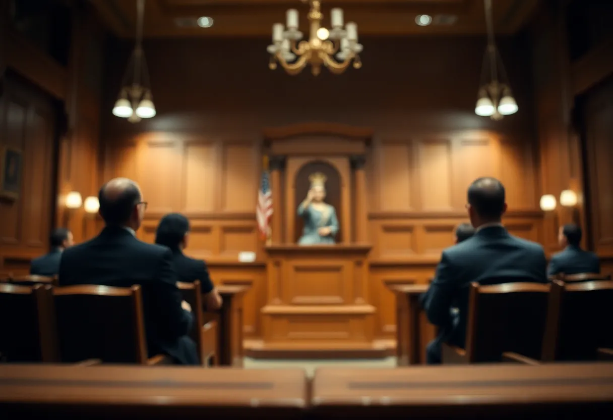 Blurry courtroom with symbolic representation of justice