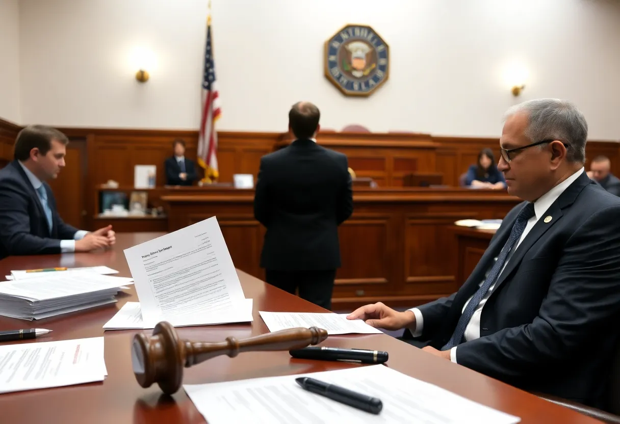 Courtroom scene depicting legal issues around voter registration and election integrity.