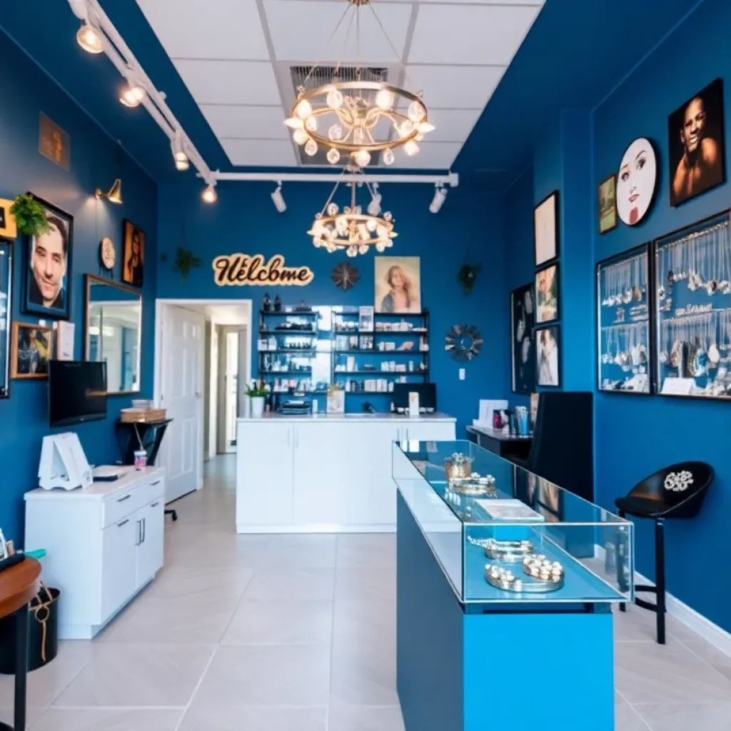 Interior of Lulu Ave Piercing Studio with jewelry displays