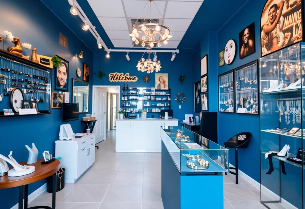 Interior of Lulu Ave Piercing Studio with jewelry displays