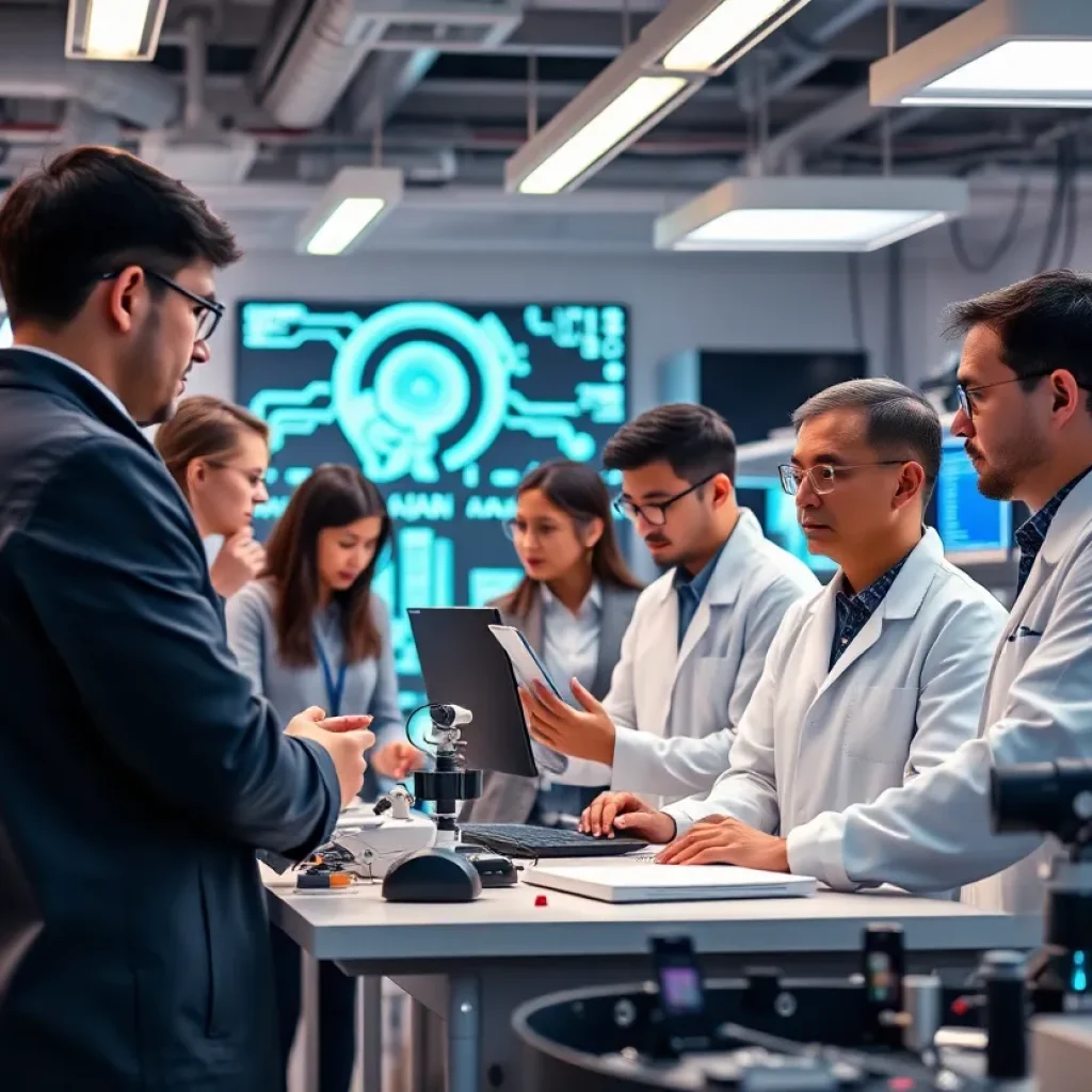 Researchers collaborating in a futuristic AI lab