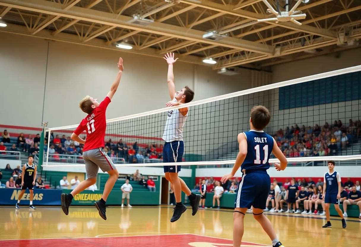 Mira Costa High School boys volleyball team in action during a championship match
