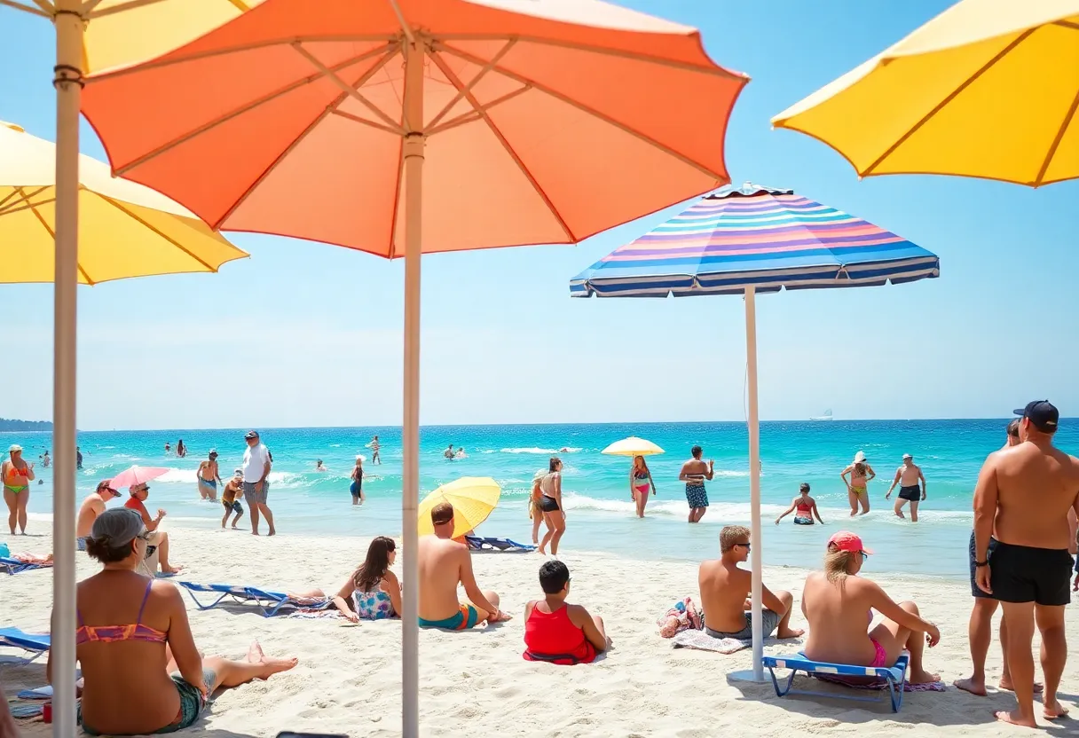 Families enjoying a sunny beach day in Orange County while staying cool.