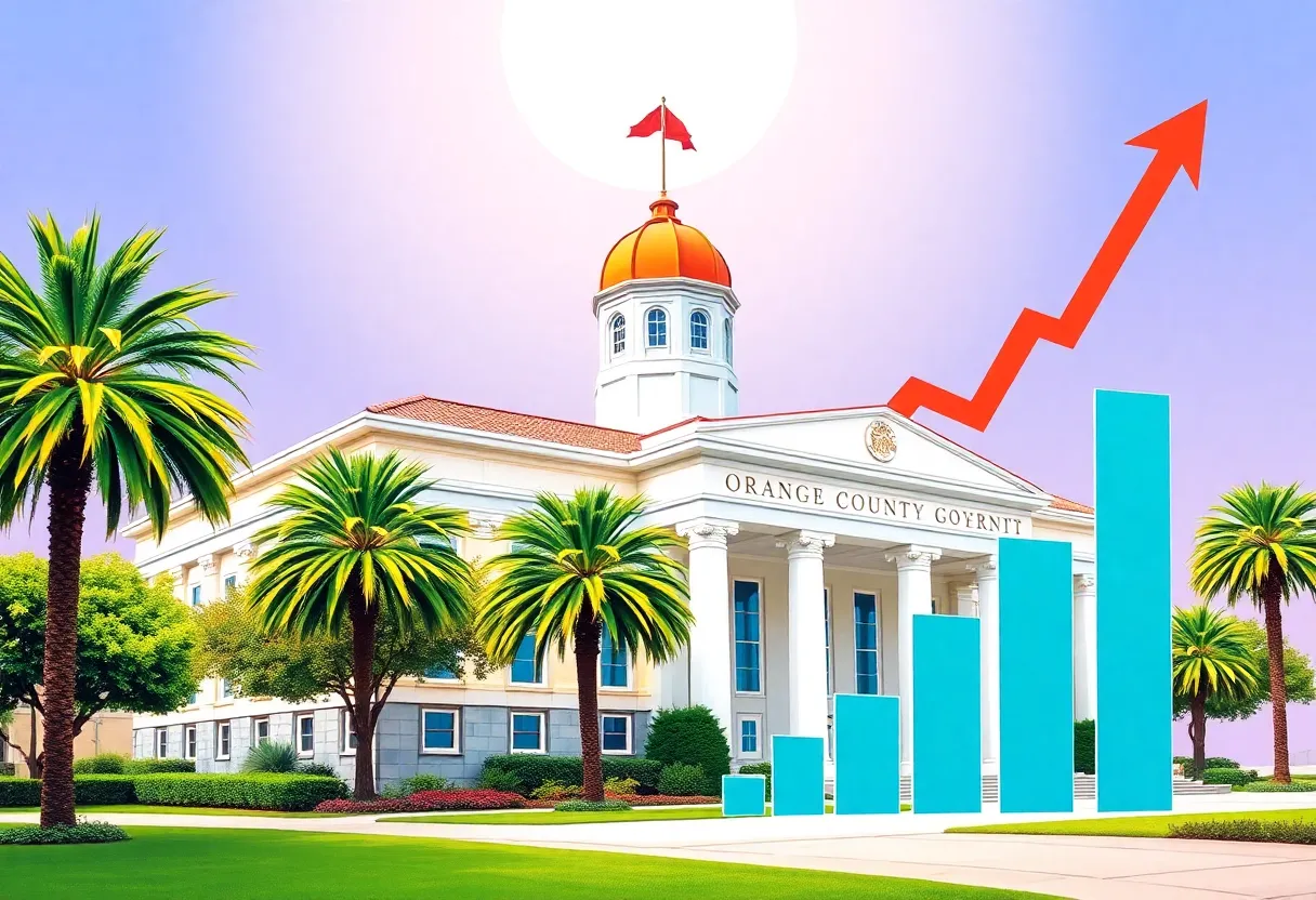 Illustration of Orange County government building depicting budget approval
