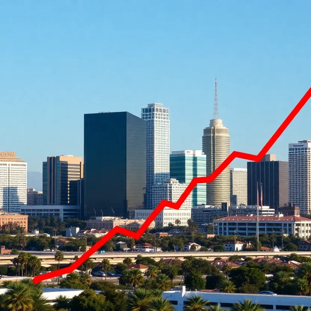 Skyline of Orange County with consulting firms and a downward trend graph.