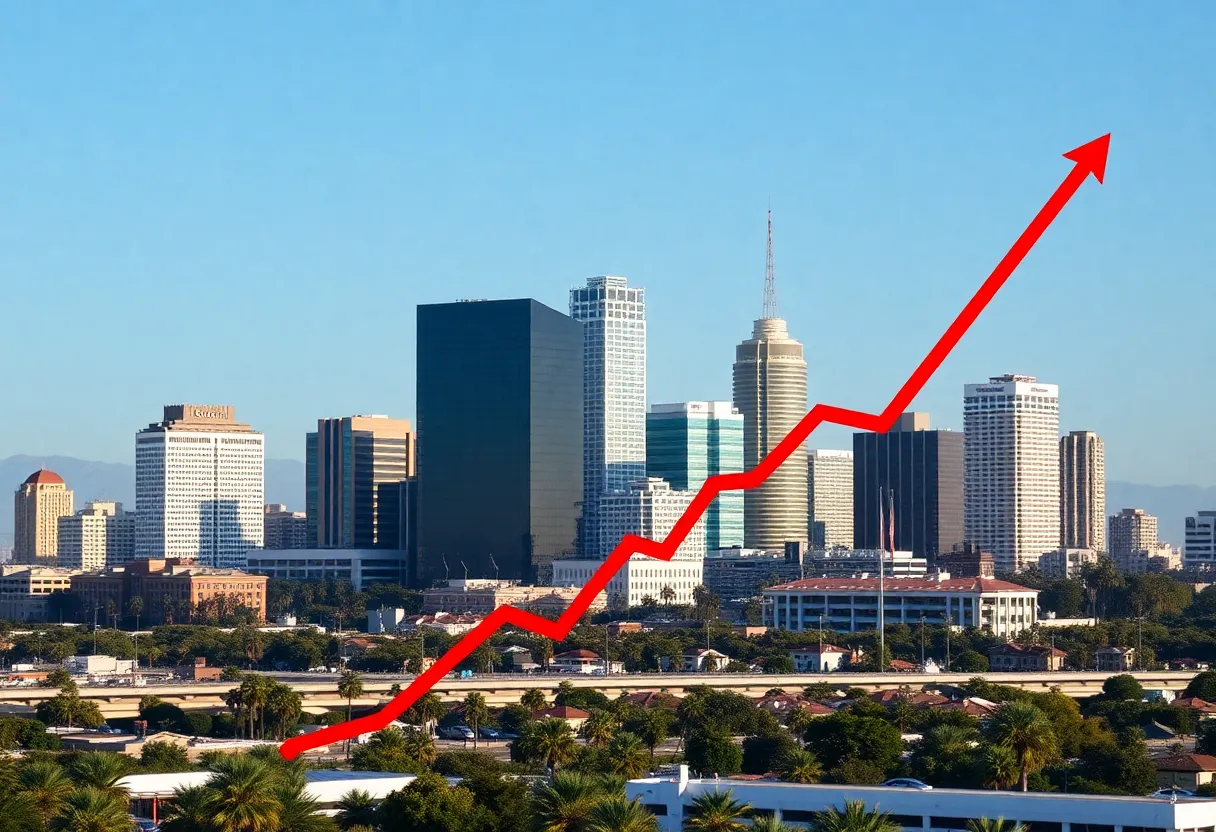 Skyline of Orange County with consulting firms and a downward trend graph.