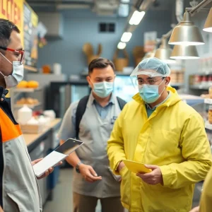 Health inspectors examining food vendor for safety compliance