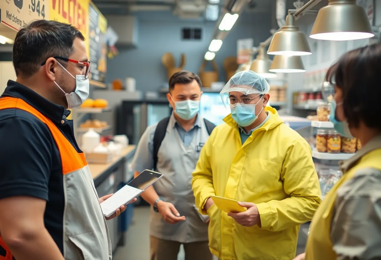 Health inspectors examining food vendor for safety compliance