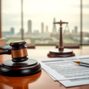 A courtroom representing the pandemic fund scandal case in Orange County.