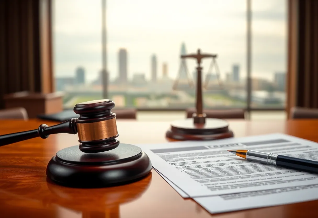 A courtroom representing the pandemic fund scandal case in Orange County.