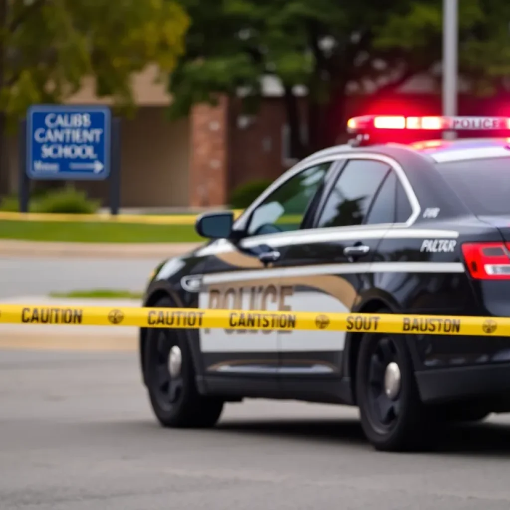 Police car at the scene of a leaf blower theft investigation