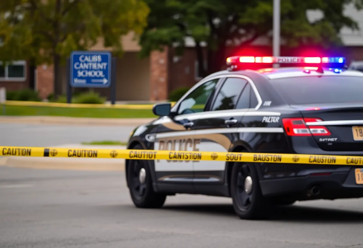 Police car at the scene of a leaf blower theft investigation