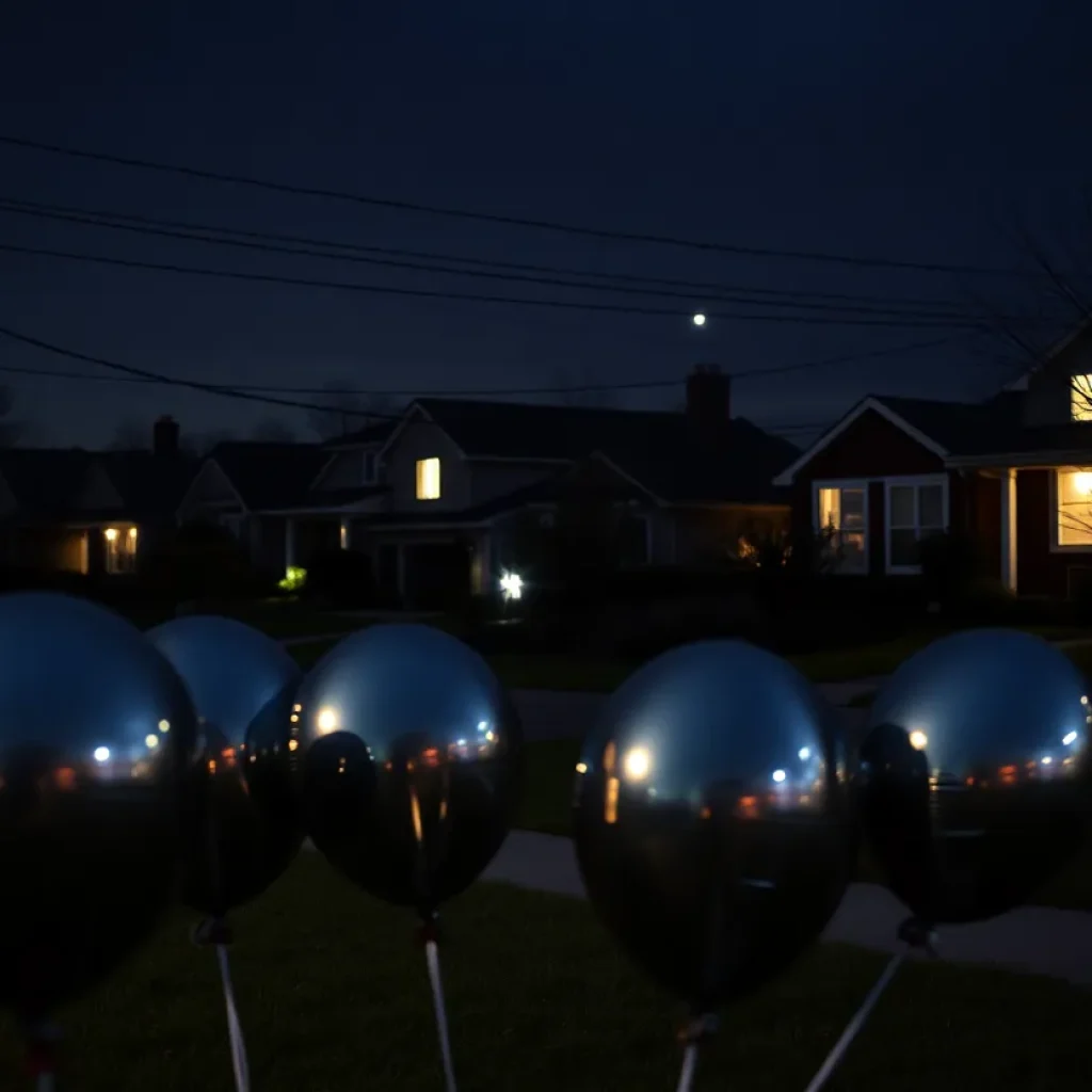 Darkened homes during a power outage with metallic balloons in the foreground.